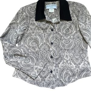 Jessica Howard Blazer Petite Paisley Open Keyhole Tan Back Collar Size 8 Vintage